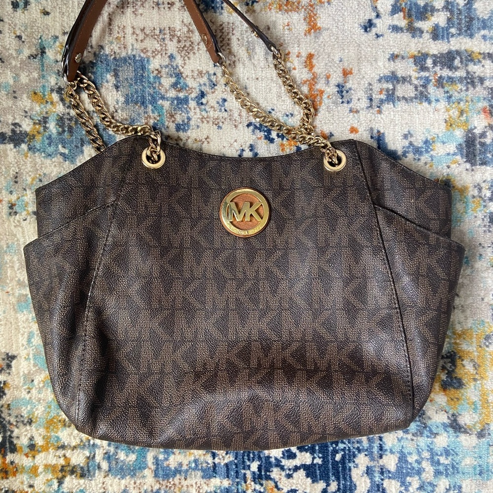 Michael Kors Brown Gold Shoulder Bag with Monogram